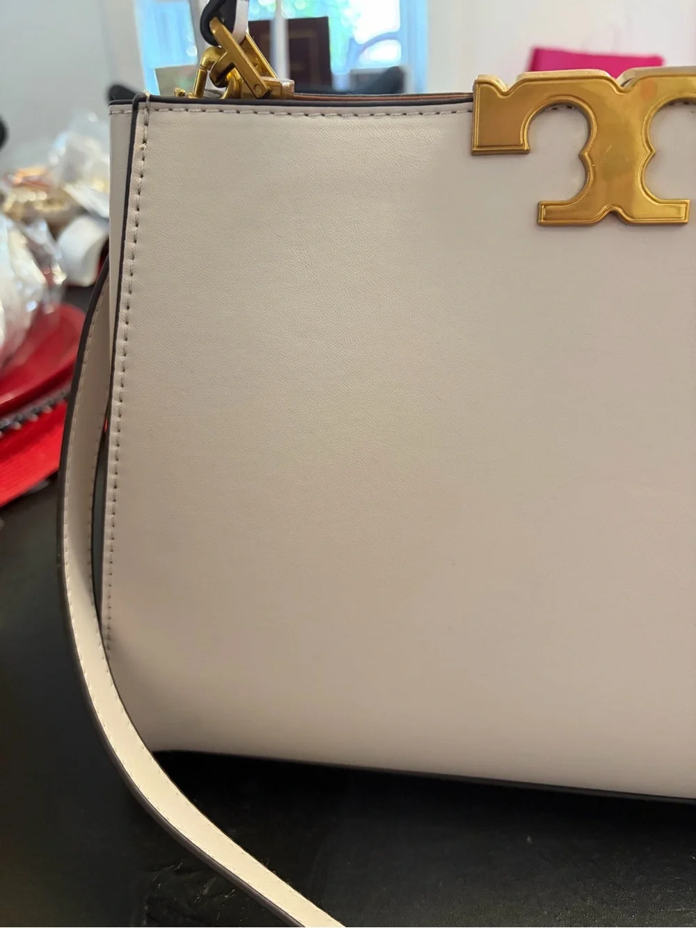 Tory Burch $700 Cream Eleanor Spazoletto Satchel with Gold Logo and Ribbon
